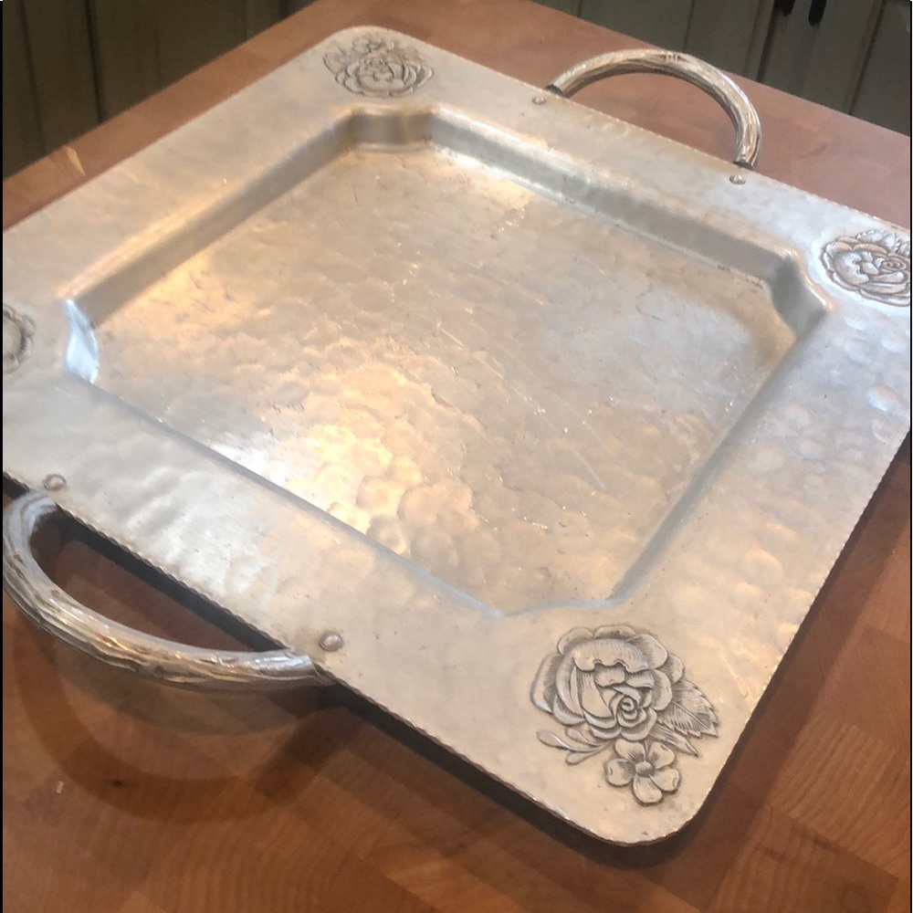 Vintage aluminum tray with rose detail and handles